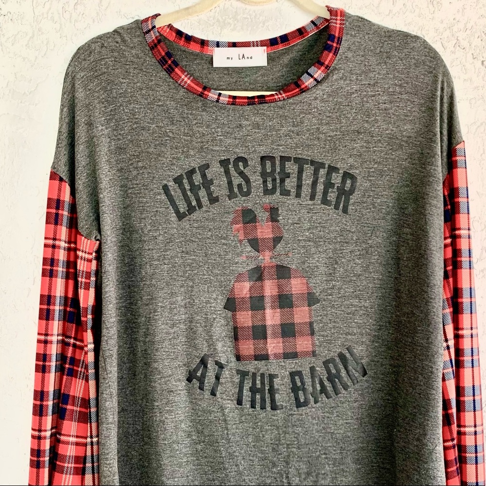 Life Is Better At The Barn Long Sleeve TShirt Gray and Red Plaid Size S